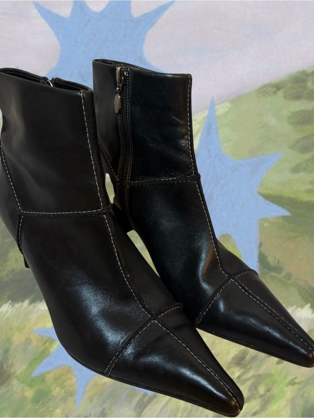 Vintage Anne Klein Black Leather Kitten Heels Pointed Toe Y2K Office Siren